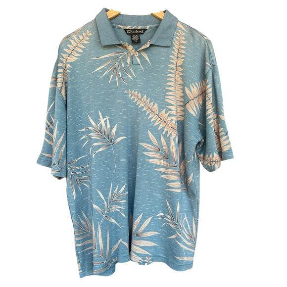 Tori Richards Polo Shirt Mens Silk Medium Blue Palm Hawaiian Floral Tropical - Picture 1 of 8